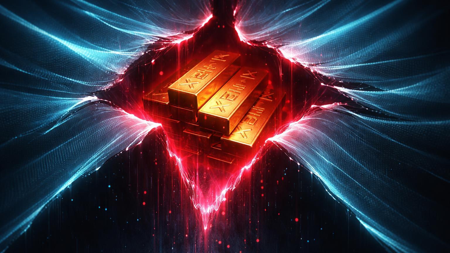 Manto digital de privacidade rasgado expondo barras XMR douradas com luz vermelha vazando, simbolizando roubo e riscos em privacy coins