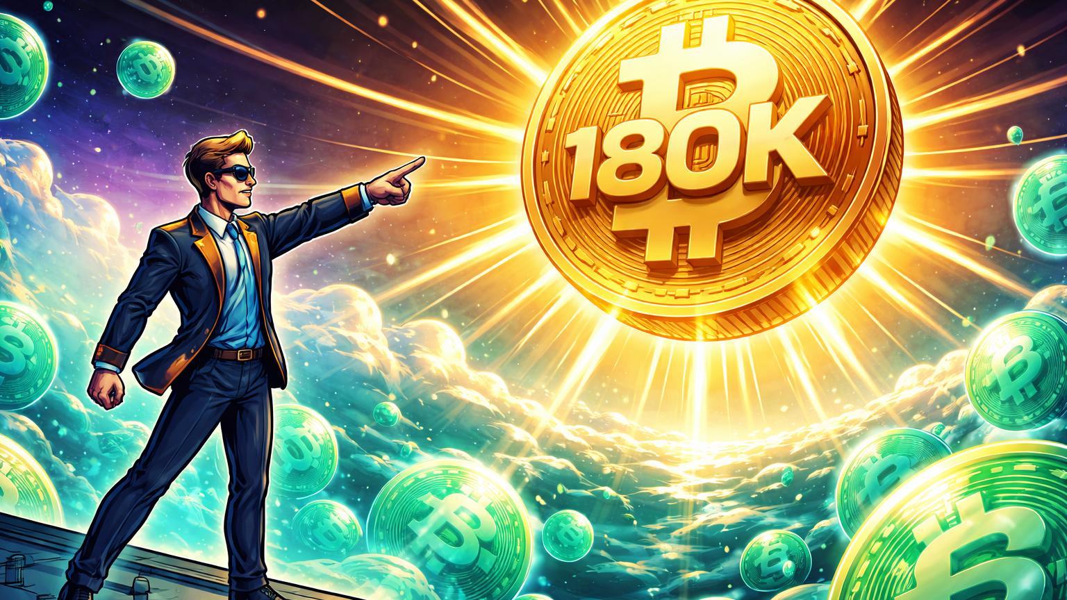 Investidor visionário cartoon apontando para Bitcoin gigante com 180K e stablecoins explodindo, simbolizando tese otimista de Dan Tapiero para 2026