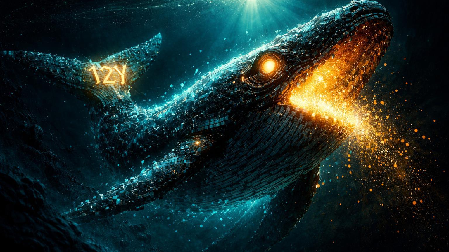 Baleia colossal surreal emergindo de abismo digital com olhos dourados acesos e marca '12Y', simbolizando baleia Bitcoin da era Satoshi despertando após 12 anos
