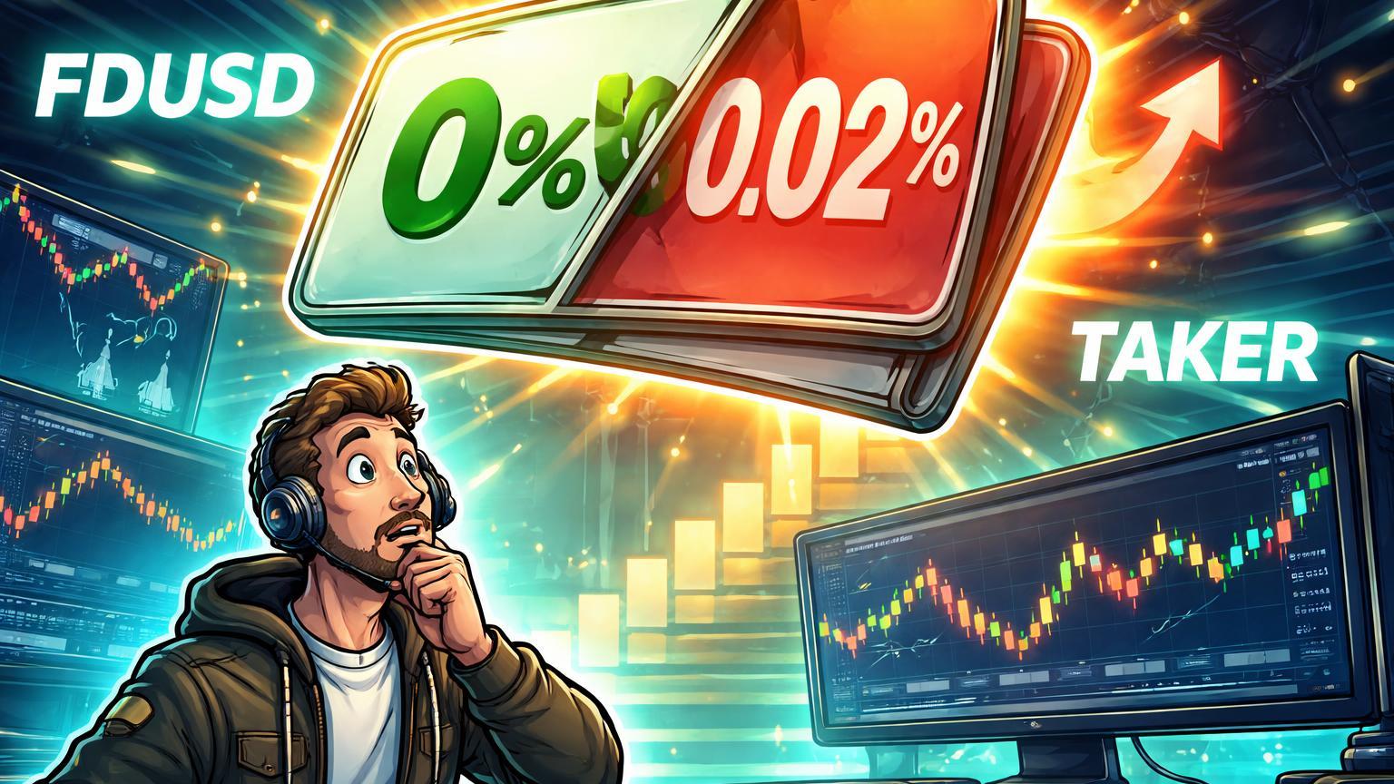 Trader cartoon surpreso com placa de taxa zero virando para taxa taker em pares FDUSD, simbolizando mudanca na Binance para ordens taker