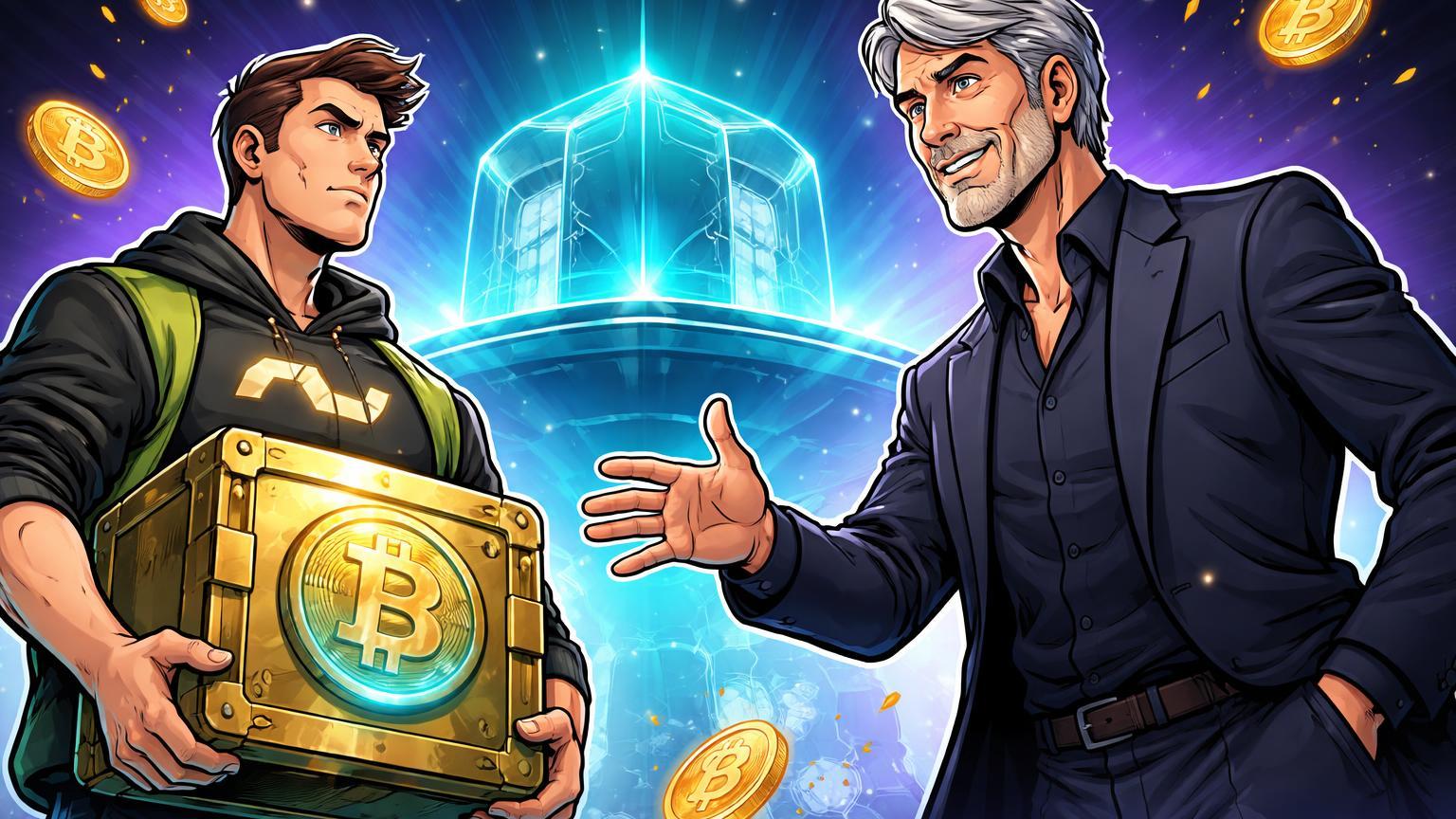 Saylor cartoon estendendo mão para executivo GameStop com cofre BTC, simbolizando efeito Saylor e tesourarias corporativas em Bitcoin