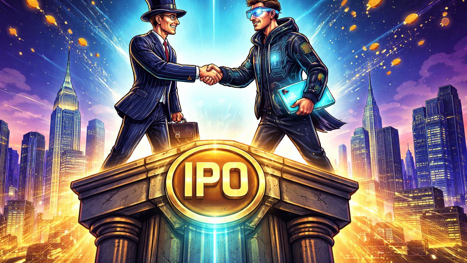 Executivos cartoon de Wall Street e cripto apertando mãos sobre pilar com selo IPO, simbolizando funding pré-IPO e maturidade institucional