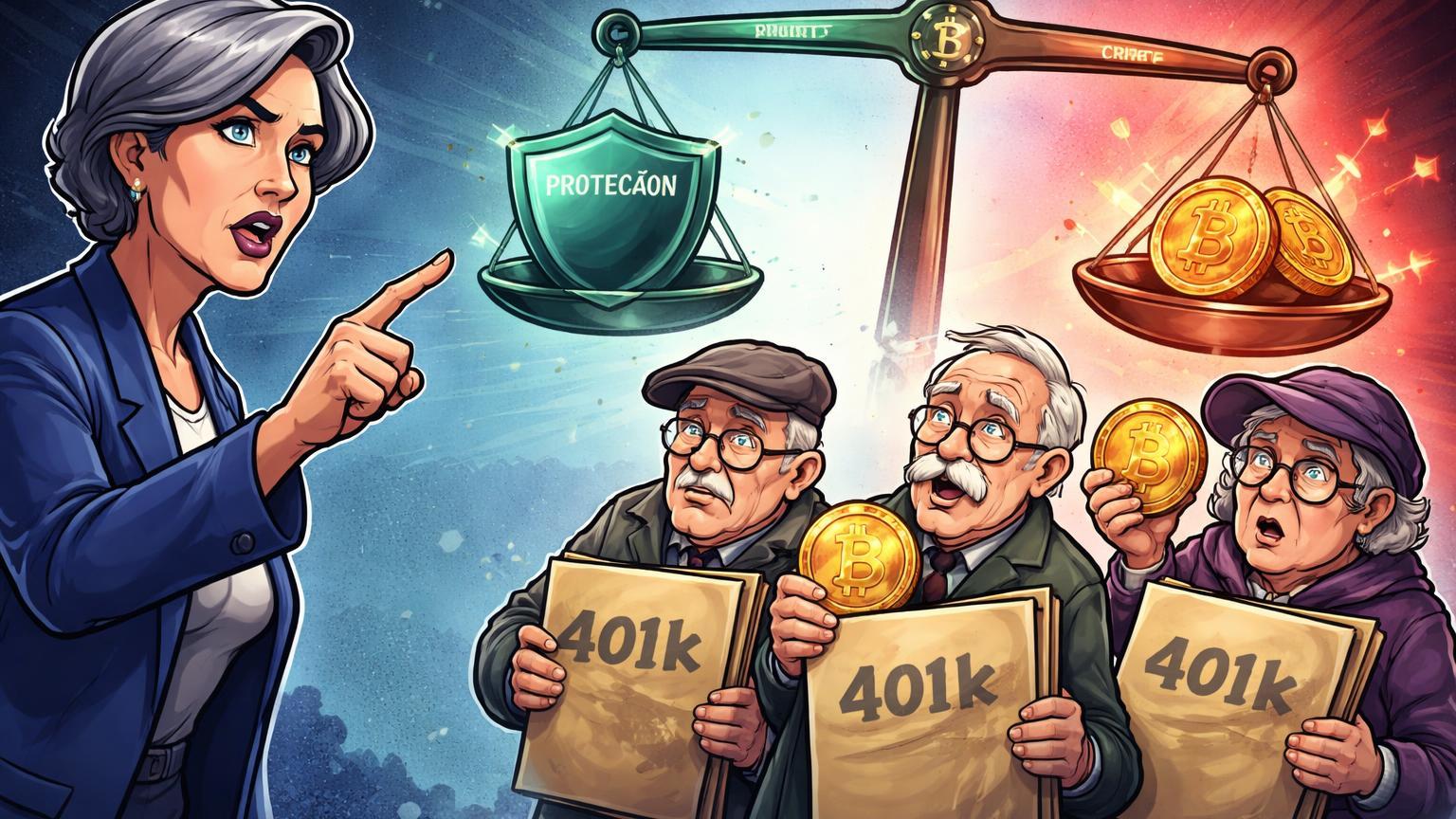 Senadora cartoon alertando aposentados sobre riscos de inserir Bitcoin em carteiras 401(k), ilustrando debate de Warren sobre proteção de aposentadorias