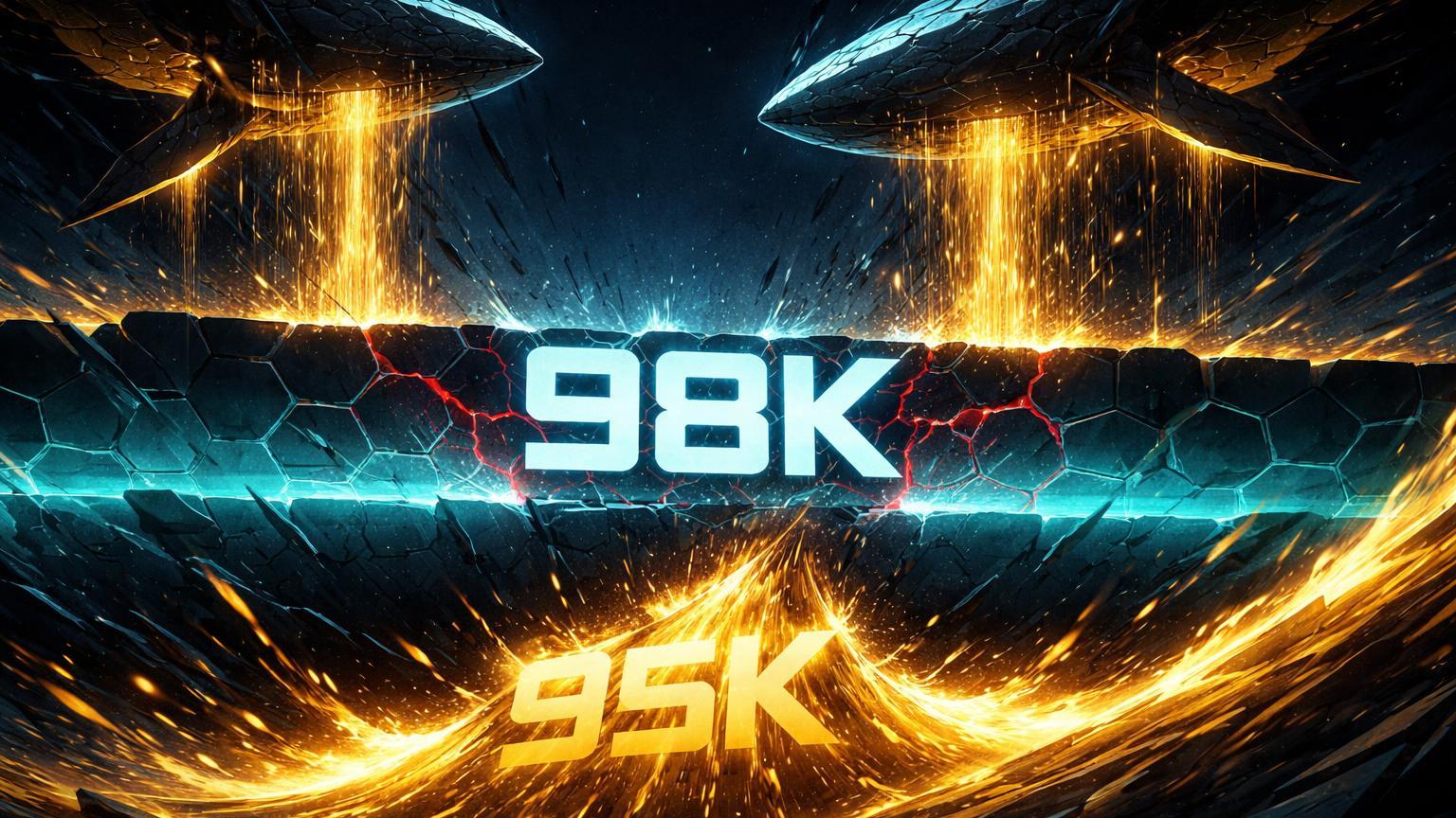 Barreira geométrica bold com 98K sob pressão de fluxos dourados de baleias abstratas sobre suporte 95K, simbolizando resistencia e cautela no Bitcoin