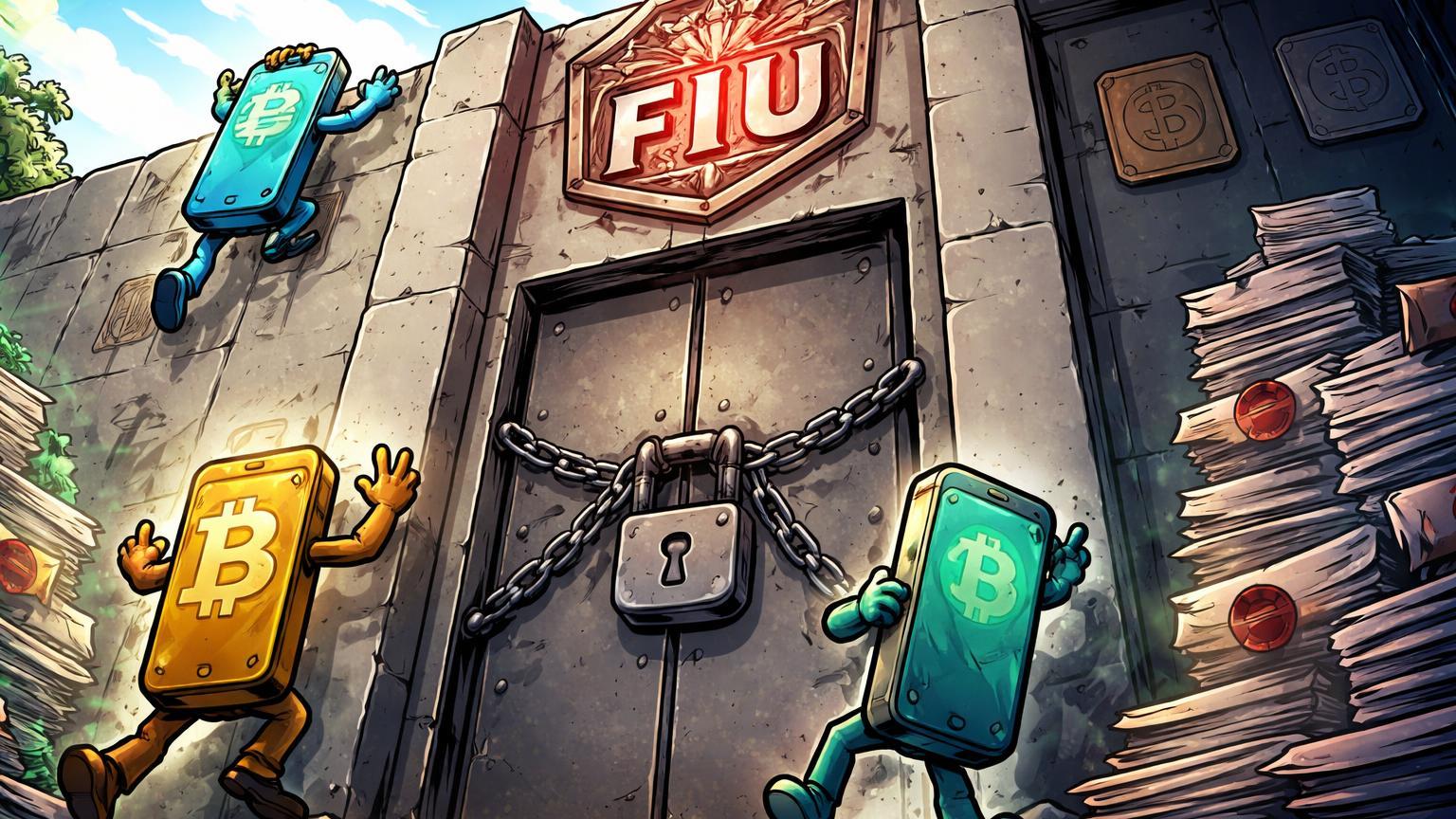 Muro regulatório cinzento bloqueando personagens cartoon de apps exchanges, com selo FIU, ilustrando bloqueio do Google Play na Coreia