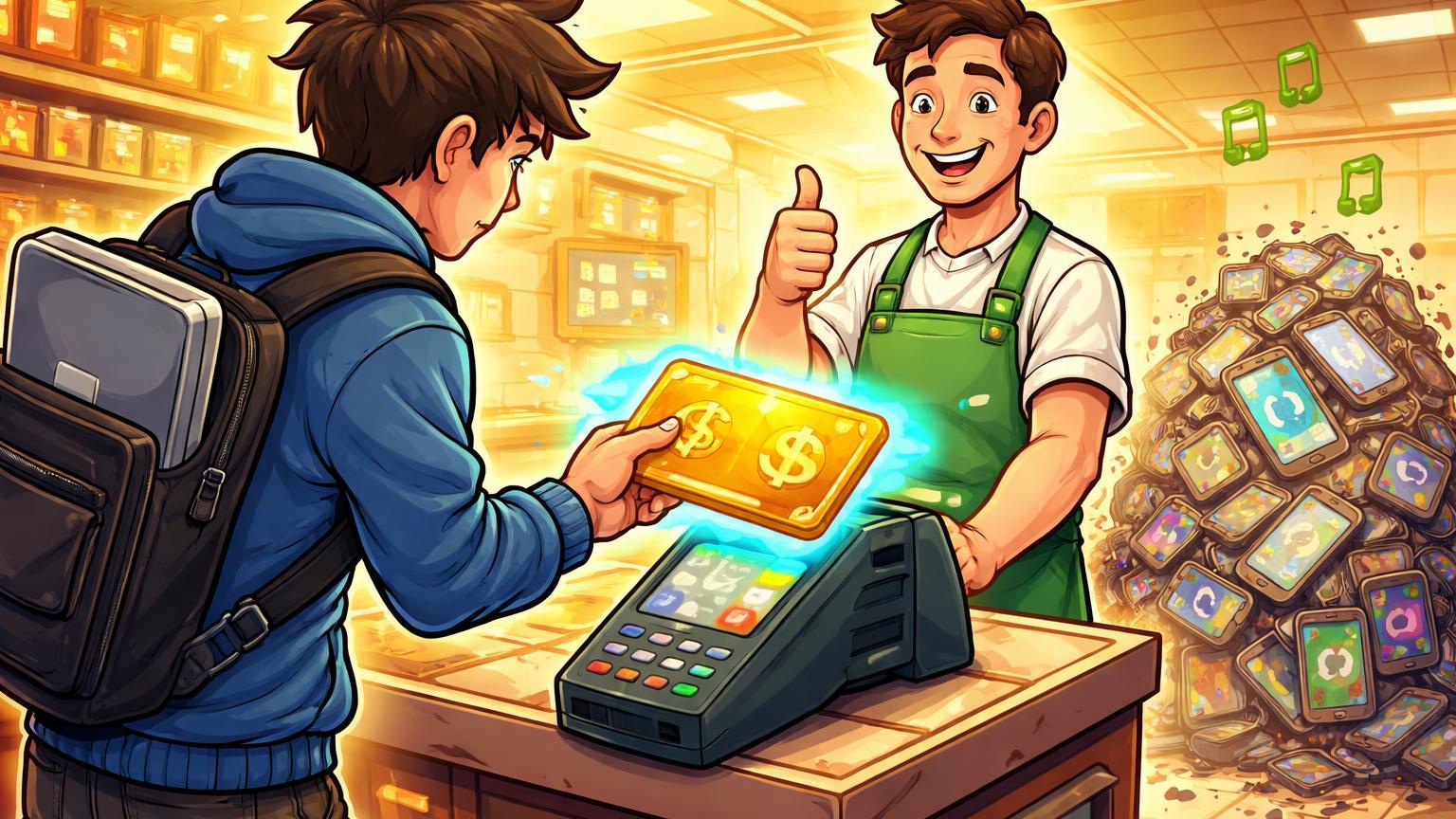 Personagem cartoon usando cartão cripto em loja cotidiana, superando pilhas de apps P2P, simbolizando US$ 18 bi em pagamentos anuais