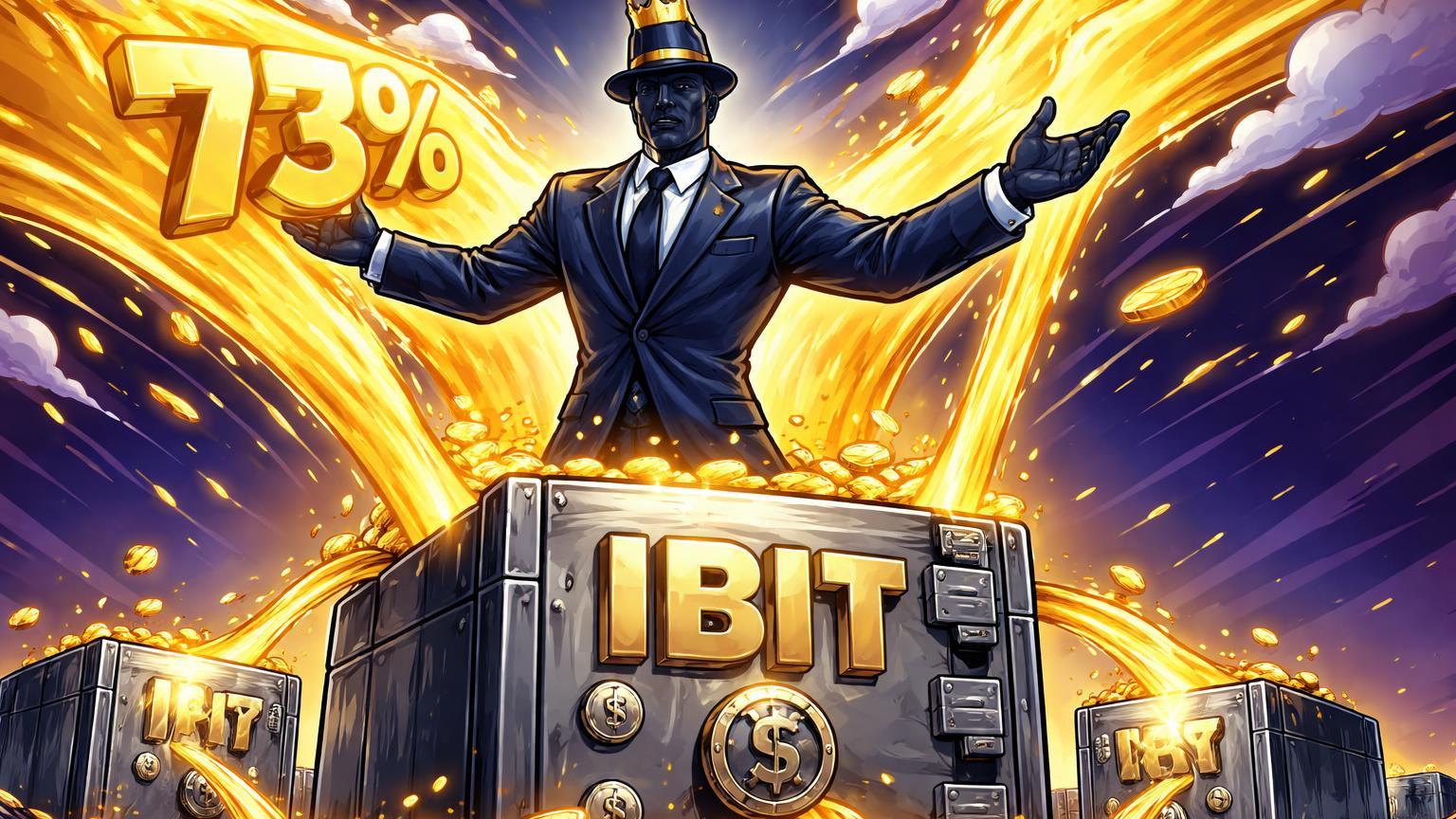 Personagem BlackRock cartoon atraindo 73% de rio dourado de capital para cofre IBIT em ETFs Bitcoin, simbolizando dominância institucional