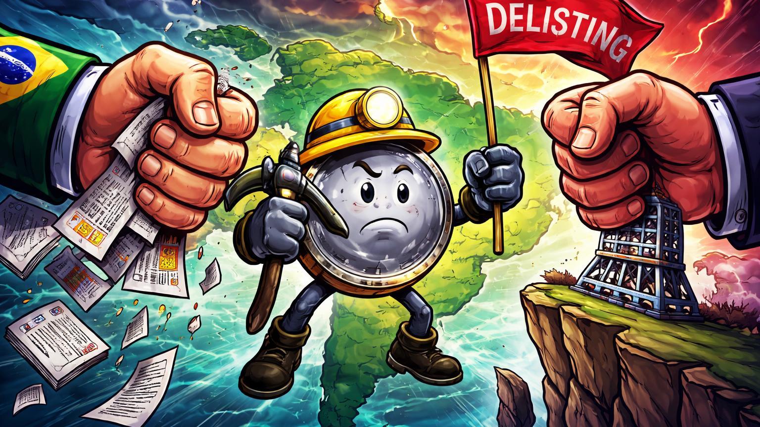 Personagem cartoon cripto América Latina sob pressão de mão tributária brasileira e risco de delisting da Canaan na Nasdaq