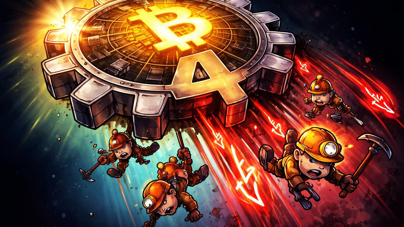Roda de engrenagem do ciclo de 4 anos do Bitcoin inclinada para baixo, com miners cartoon capitulando e ETFs acelerando declínio