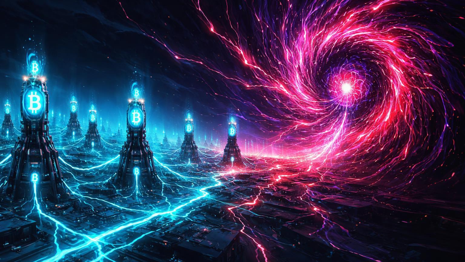 Rede de torres mineradoras Bitcoin cyan sendo drenada por vórtice IA magenta, simbolizando queda no hashrate por disputa de energia