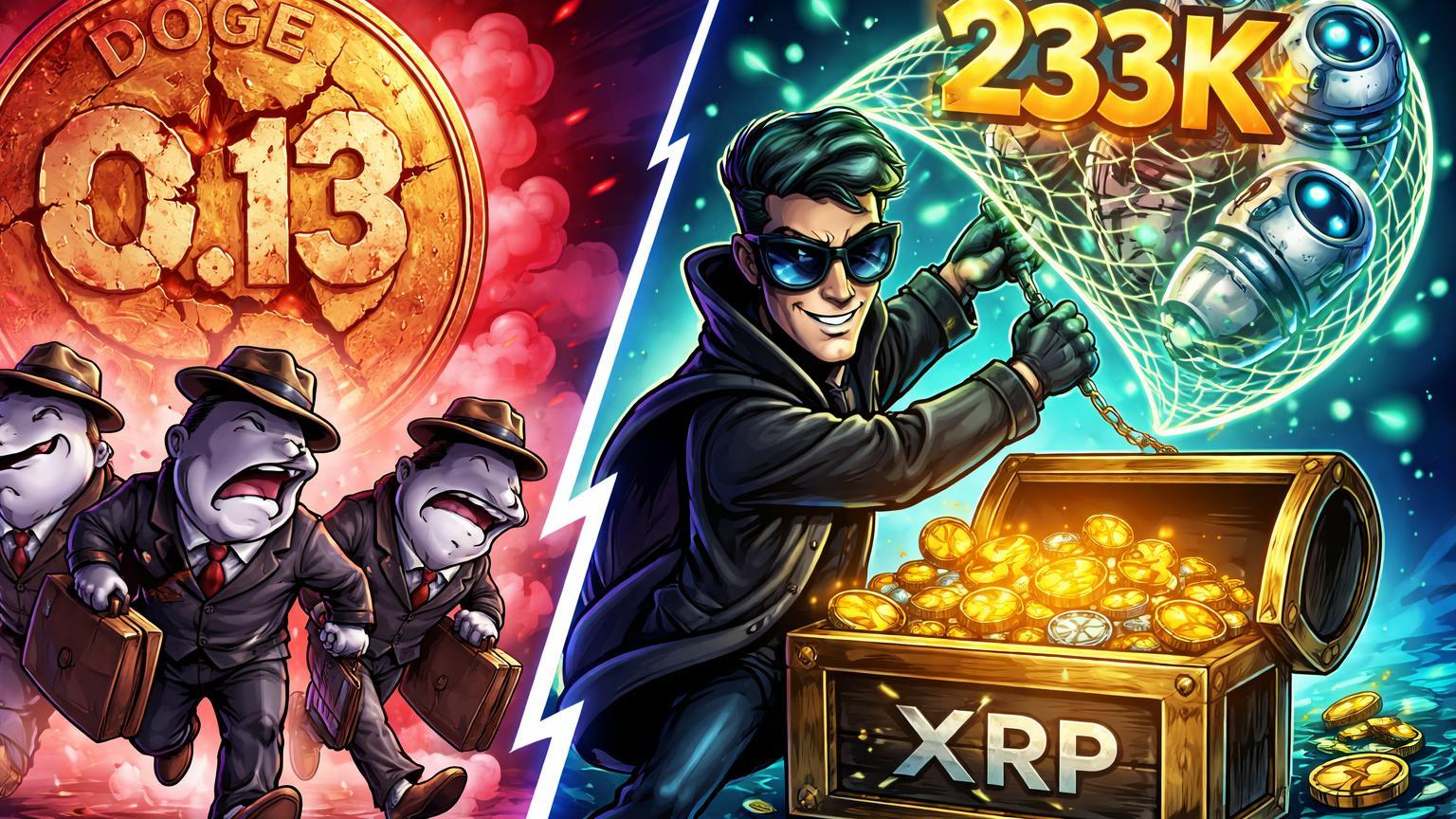 Baleias cartoon fugindo de Dogecoin murcha com 0.13 enquanto trader malandro captura bots em rede XRP com 233K, satirizando malandragem cripto