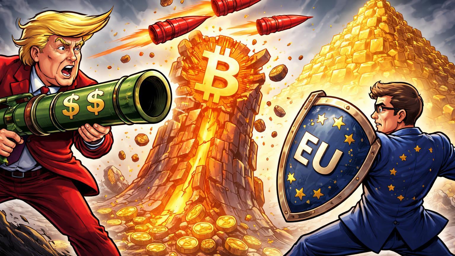 Personagens cartoon Trump e UE em confronto tarifário derrubando torre Bitcoin rachada enquanto montanha de ouro brilha intocada, simbolizando descorrelação em guerra comercial