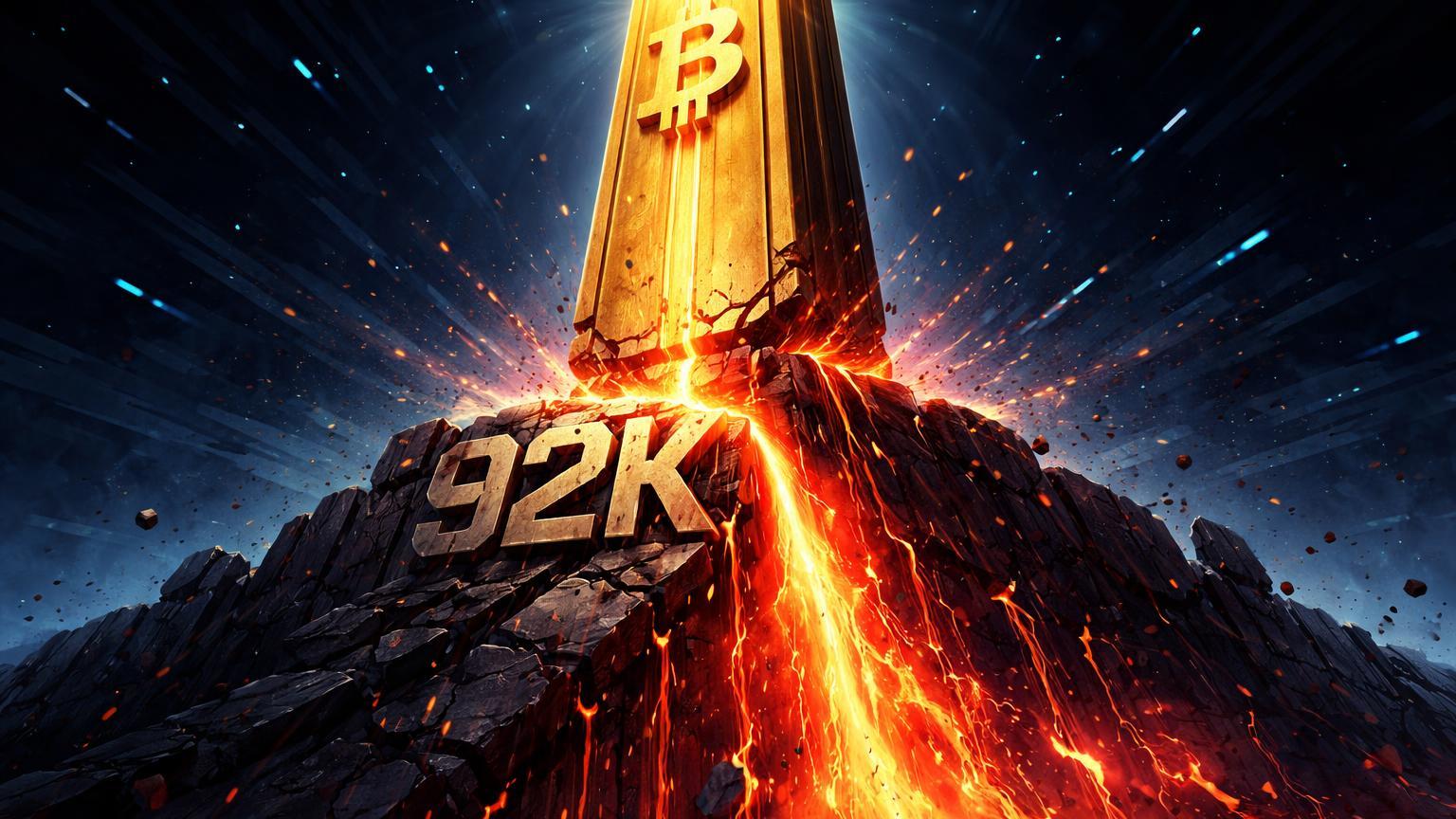 Pilar dourado do Bitcoin com base '92K' rachando sob cascata vermelha de liquidações, simbolizando queda e suportes quebrados