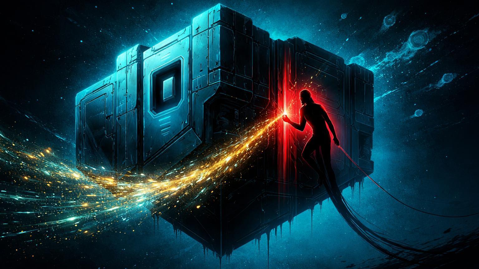 Silhueta sombria infiltrando brecha em fortaleza digital com fluxo dourado escapando, simbolizando hack de US$ 282 mi por engenharia social