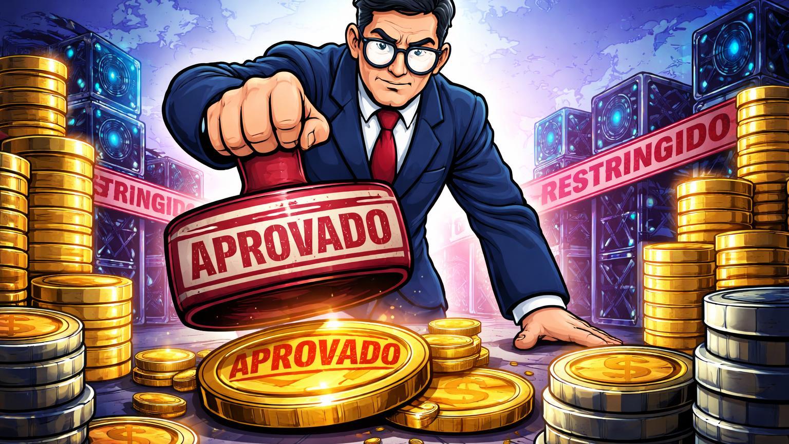 Burocrata cartoon carimbando aprovação em poucas moedas enquanto rigs de mineração são barrados, simbolizando restrições regulatórias no Cazaquistão