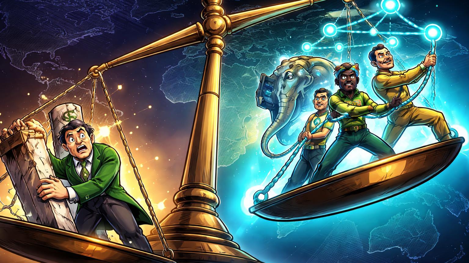 Balança geopolítica cartoon com personagens BRICS elevando rede CBDC contra figura Dólar preocupada, ilustrando proposta indiana no bloco