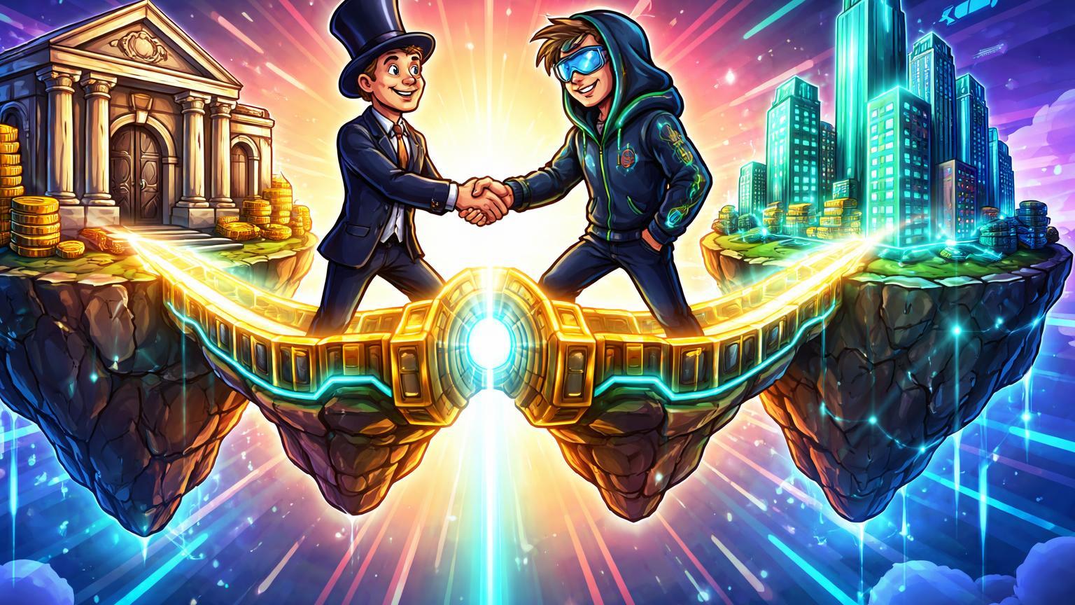 Personagens cartoon banker e trader crypto apertando mãos sobre ponte luminosa conectando mundos bancário e digital, marcando reabertura PayID Binance Australia