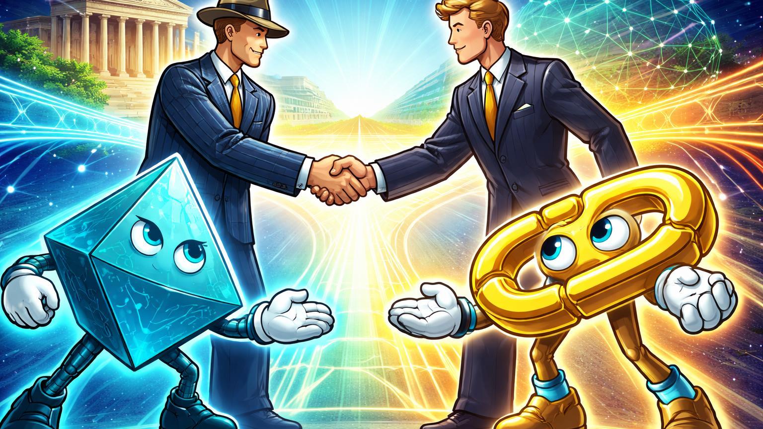 Executivos Wall Street cartoon apertando mãos com personagens ADA e LINK sobre ponte luminosa, simbolizando futuros na CME