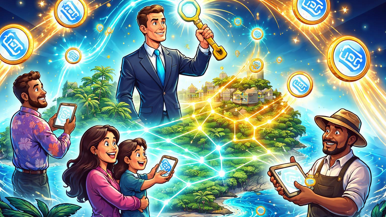 Personagens cartoon de governo e cidadãos de Bermuda ativando rede on-chain com tokens USDC, simbolizando primeira economia 100% blockchain