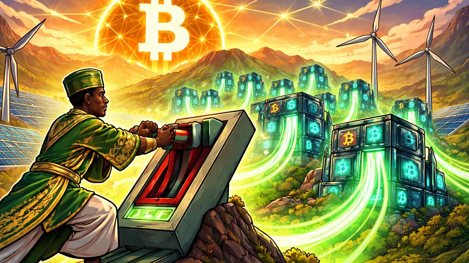 Personagem estatal cartoon ativando mineração Bitcoin com energia solar em montanhas etíopes, simbolizando adoção nacional e global