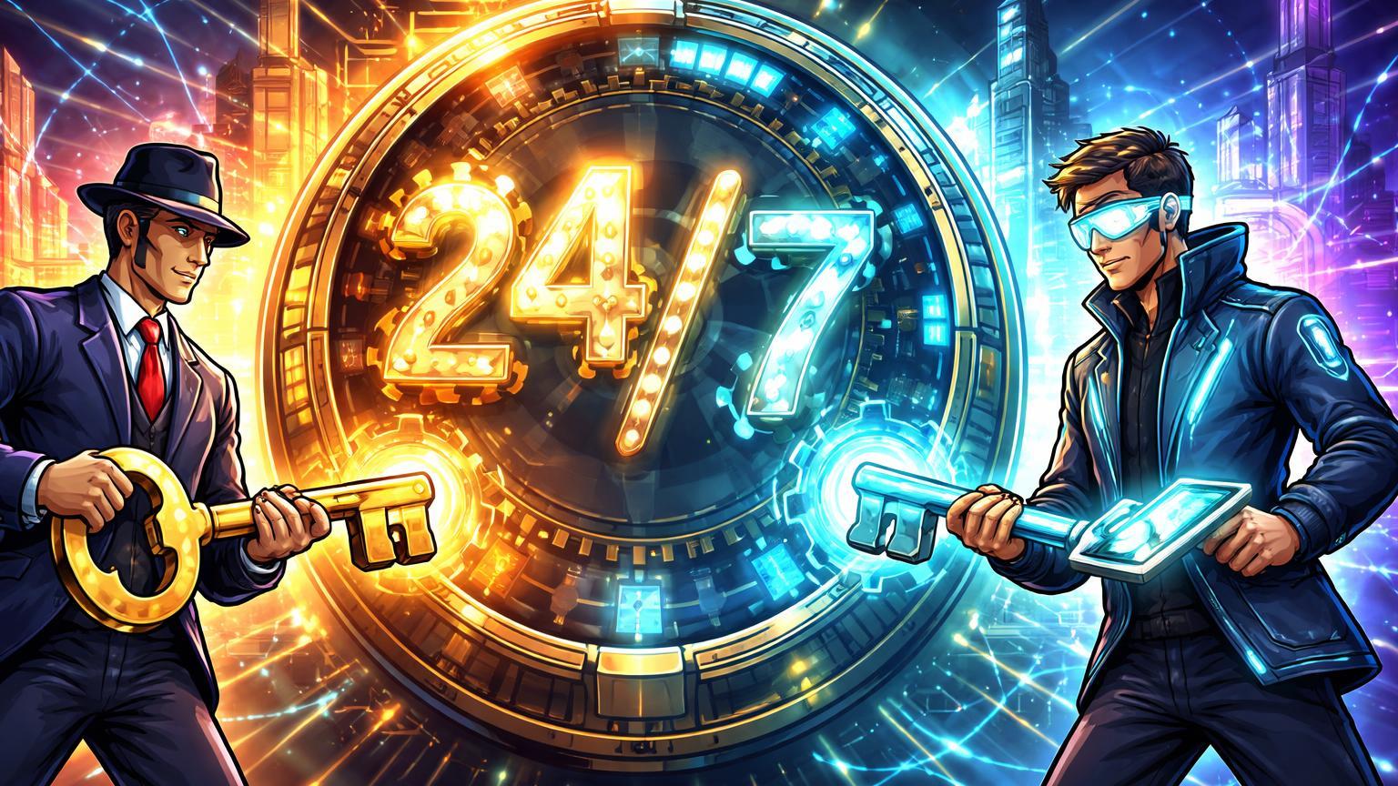 Executivos cartoon tradicional e tech ativando relógio 24/7 de blockchain, simbolizando plataforma NYSE para trading de ativos tokenizados