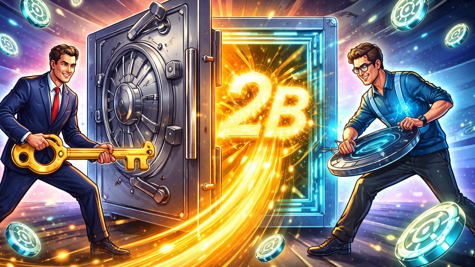 Executivos cartoon abrindo cofre híbrido liberando fluxo dourado '2B' e tokens cyan, simbolizando recorde de inflows em ETFs e tokenização NYSE