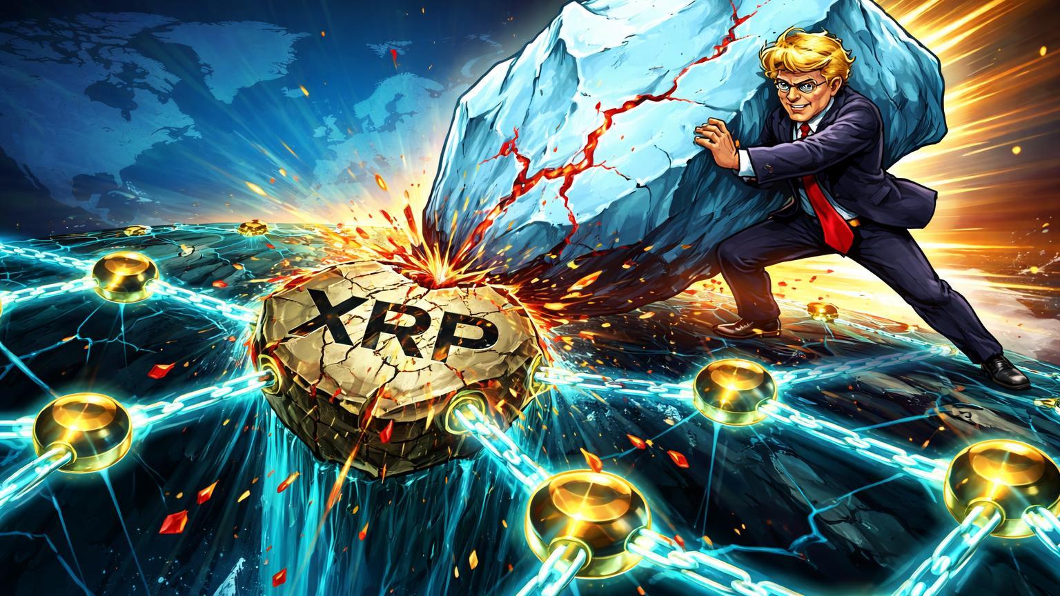 Figura política cartoon empurrando iceberg sobre rede XRP rachada com 'XRP' quebrado, simbolizando queda de 23% por tarifas Trump na Groenlândia