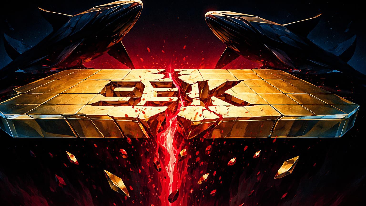 Plataforma de suporte dourado rachando com '93K' fragmentado e partículas caindo, silhuetas de baleias observando, simbolizando queda do Bitcoin e liquidações