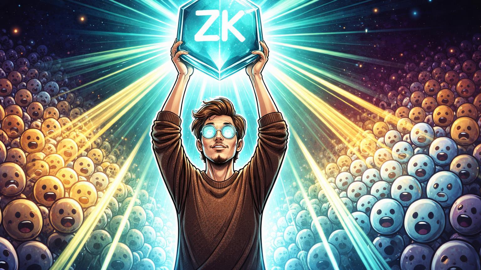 Visionário cartoon erguendo prisma ZK que organiza avatares DAO caóticos em formação ordenada, ilustrando proposta de governança melhorada com provas ZK