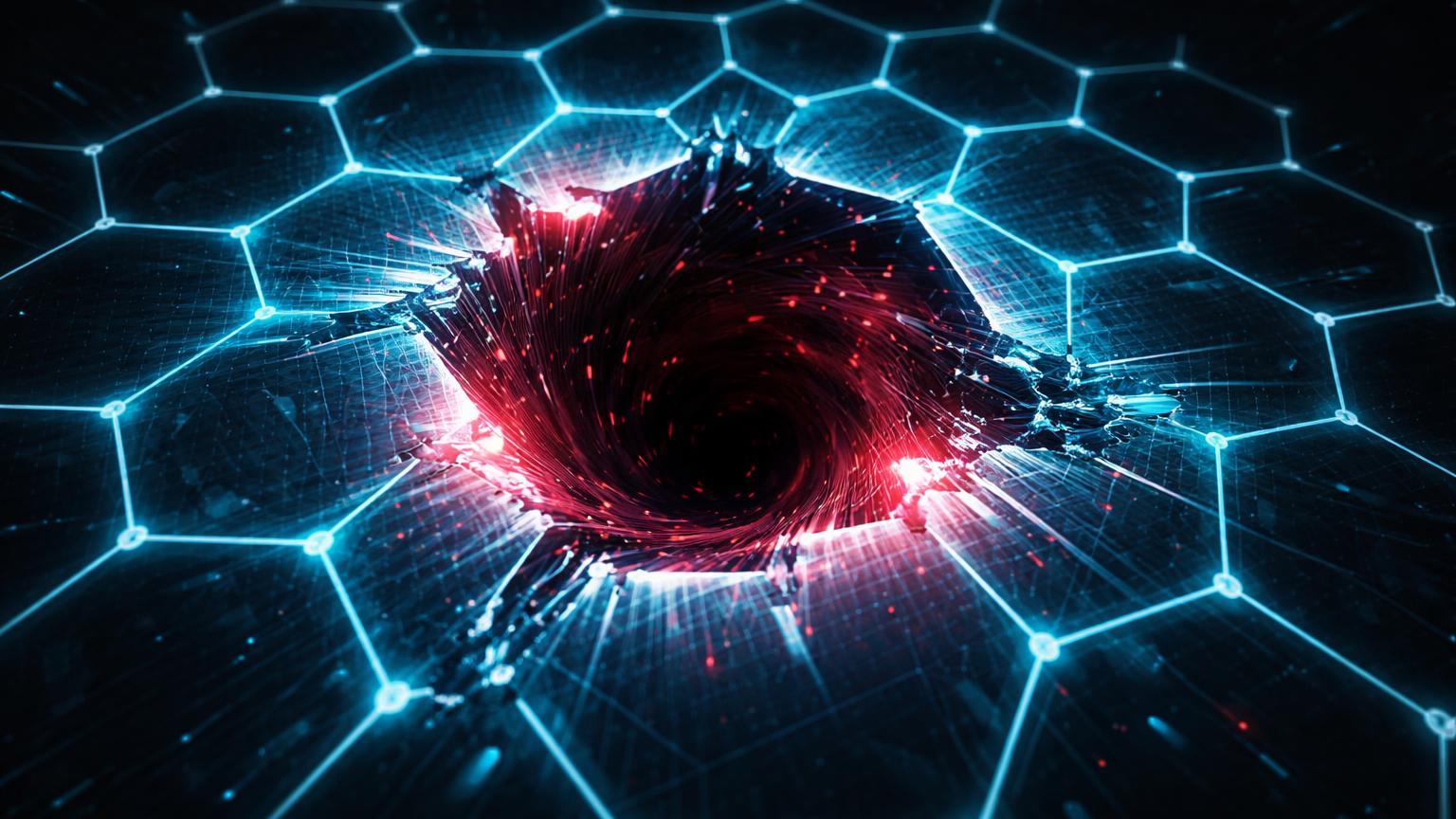 Rede hexagonal cyan com nó falho expondo vórtice de zeros vermelhos, simbolizando falha na Paradex com BTC a zero e rollback