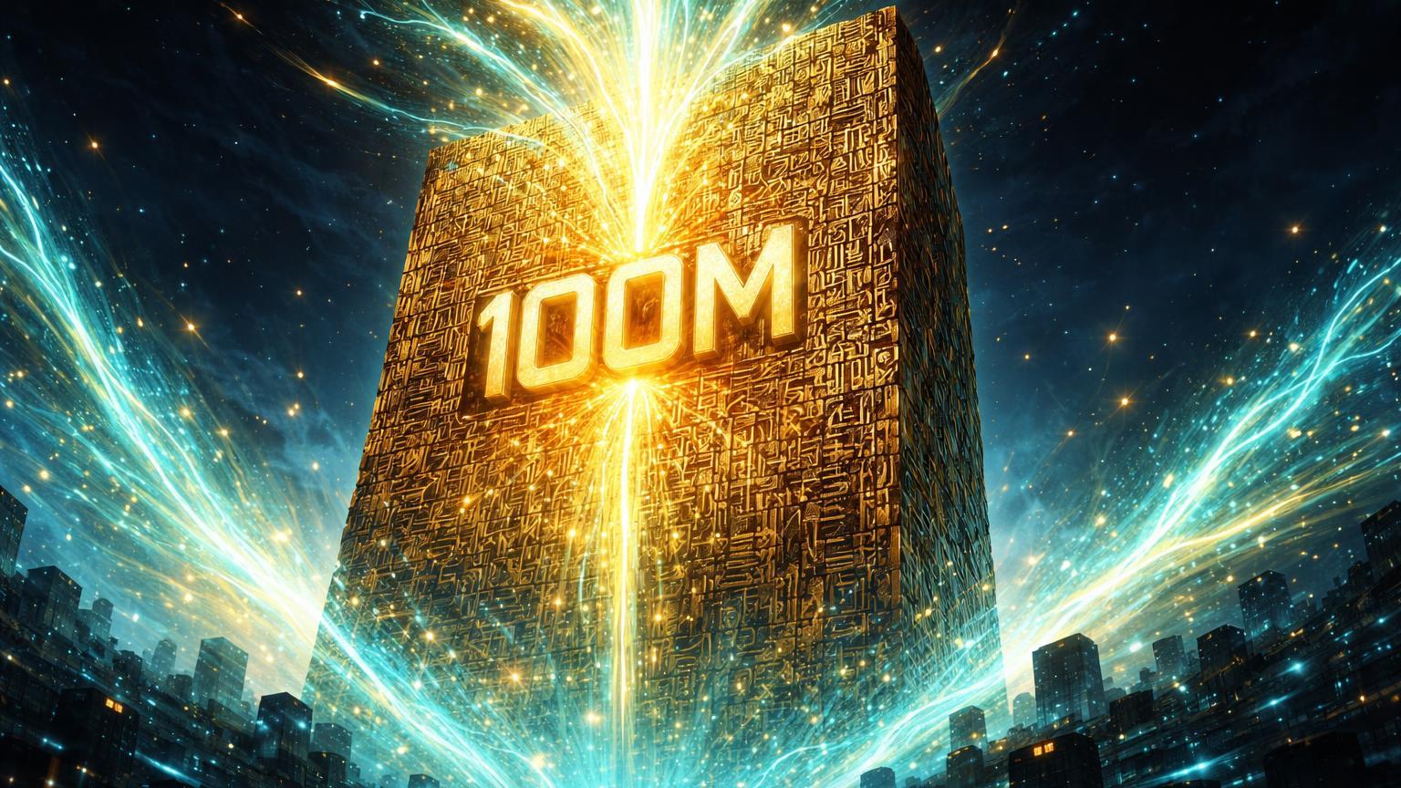 Monólito dourado do Bitcoin coberto por 100M runas Ordinals brilhantes emergindo de abismo digital, simbolizando expansão para NFTs