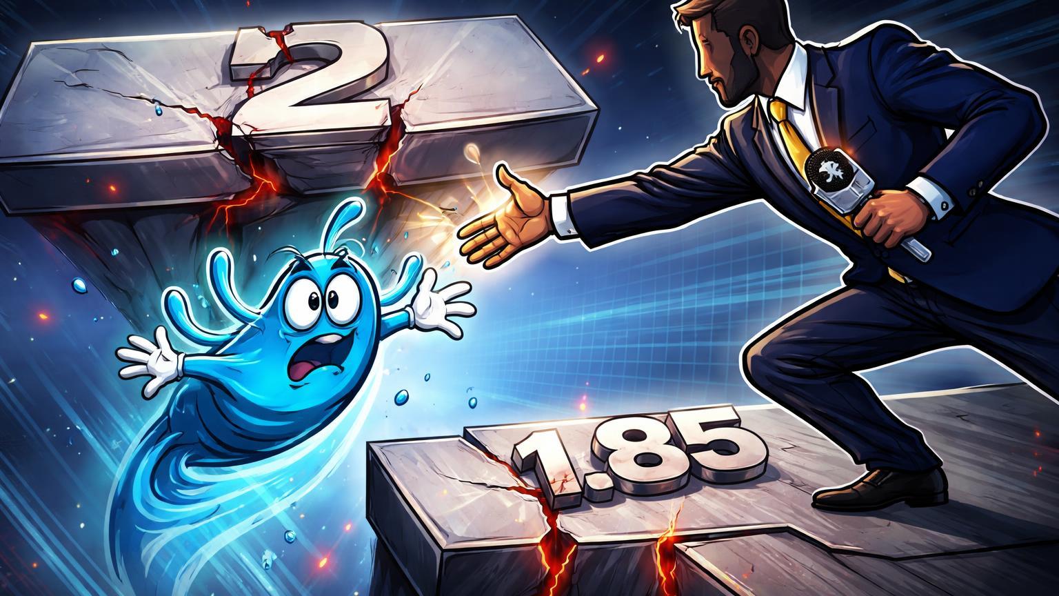 Personagem XRP cartoon escorregando de plataforma '2' rachada para '1.85', com figura líder estendendo mão, simbolizando teste de suporte e potencial recuperação em Davos