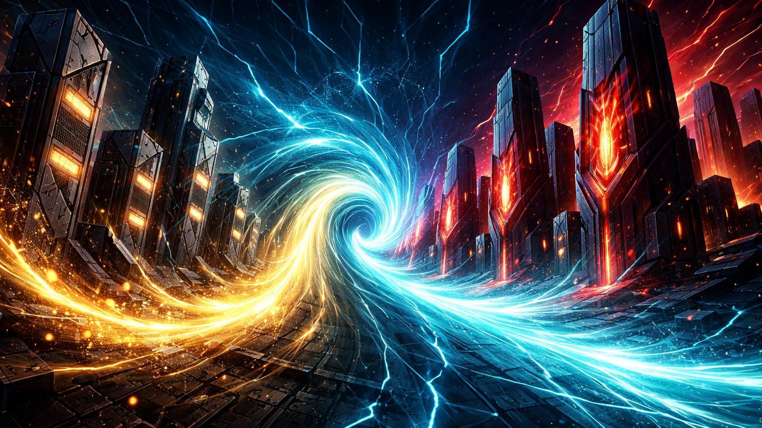 Fluxo de energia dourada desviado de rigs de mineração Bitcoin para torres de IA, simbolizando queda no hashrate por realocação de recursos