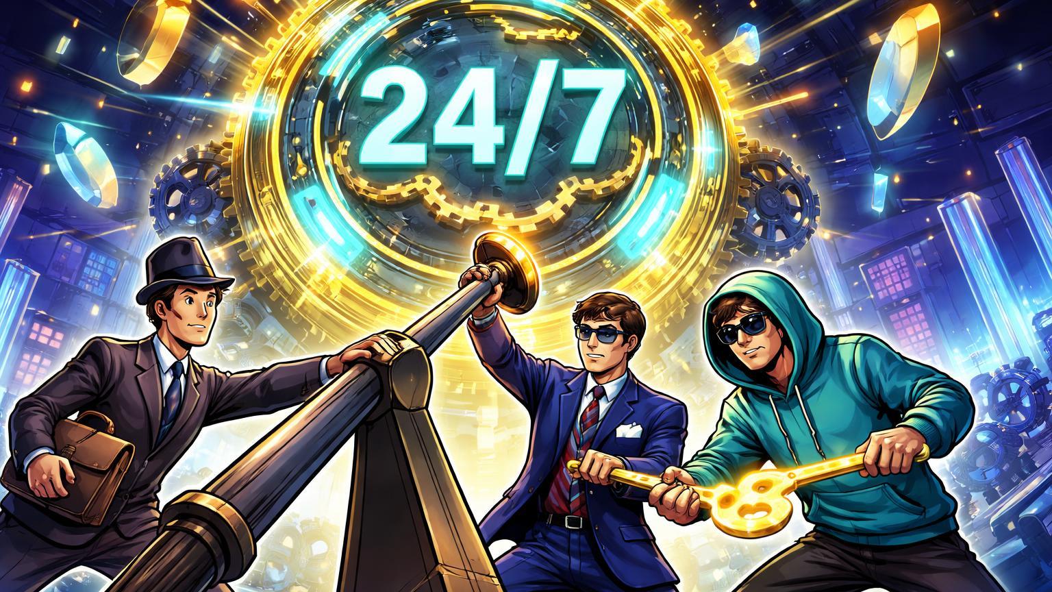 Executivos cartoon de bancos, NYSE e crypto ativando relógio 24/7 blockchain, simbolizando lançamento de trading tokenizado