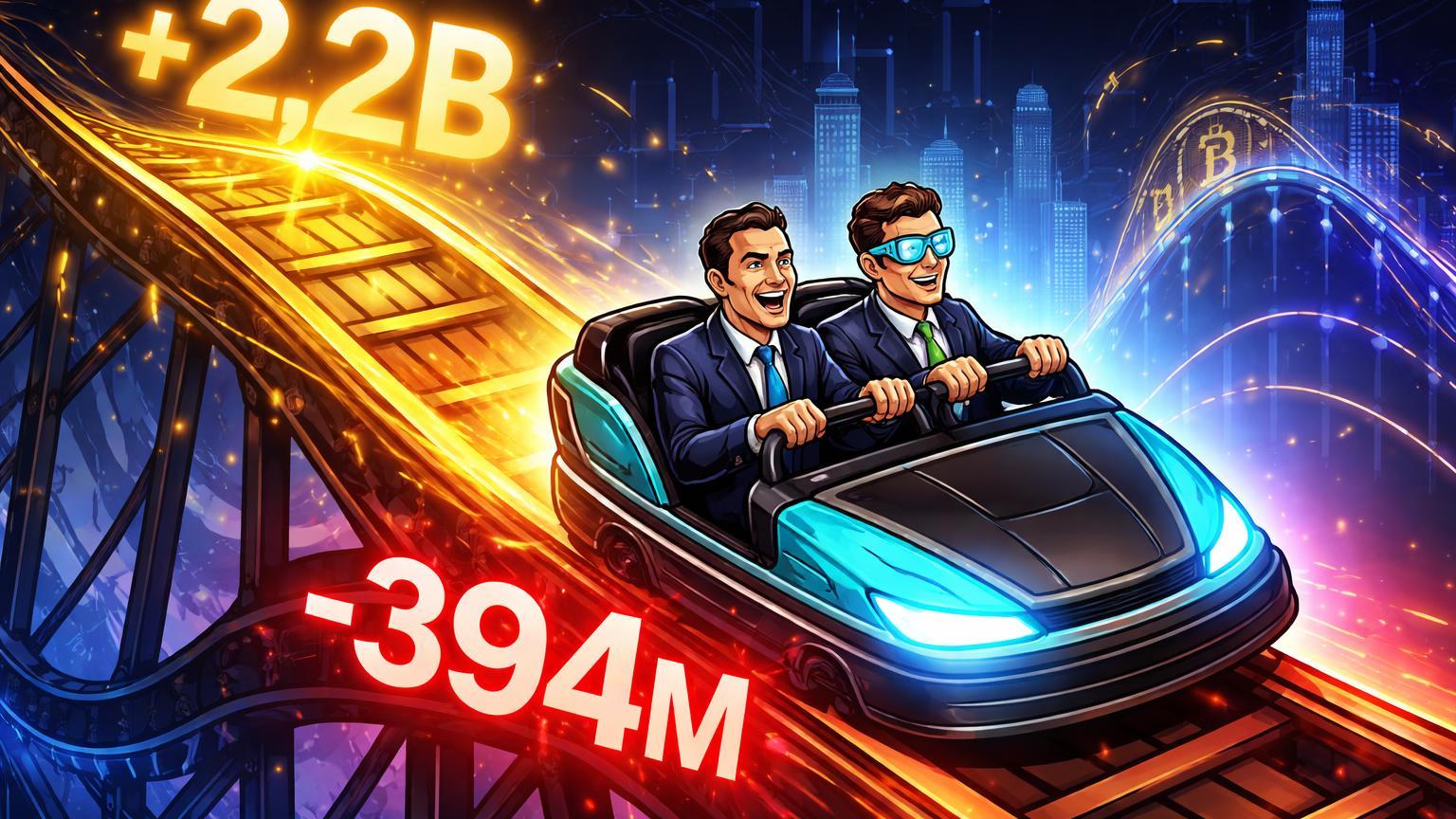 Executivos cartoon em carrinho de montanha-russa subindo com +2.2B e descendo com -394M, simbolizando volatilidade de fluxos em ETFs de Bitcoin