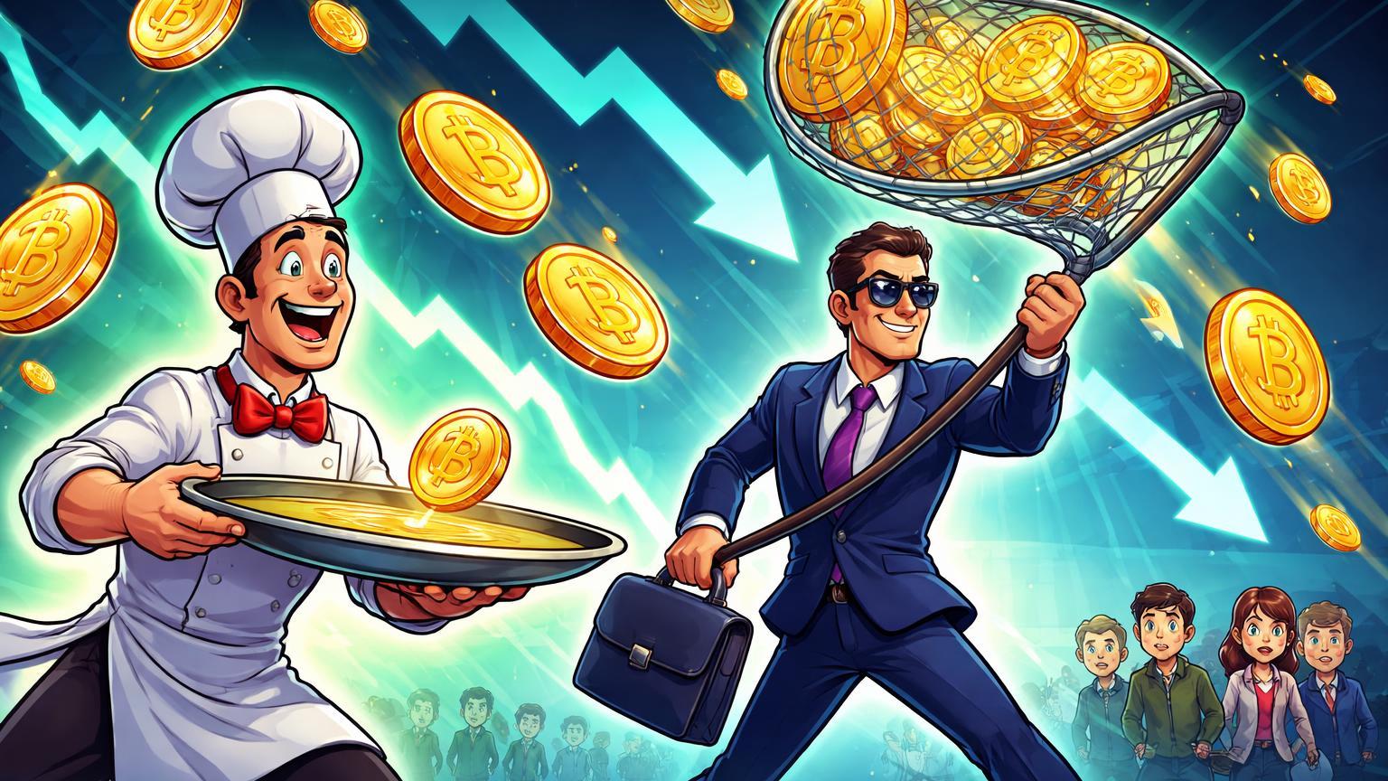 Personagens cartoon de chef e investidor capturando moedas Bitcoin em queda, simbolizando investimentos institucionais durante o dip