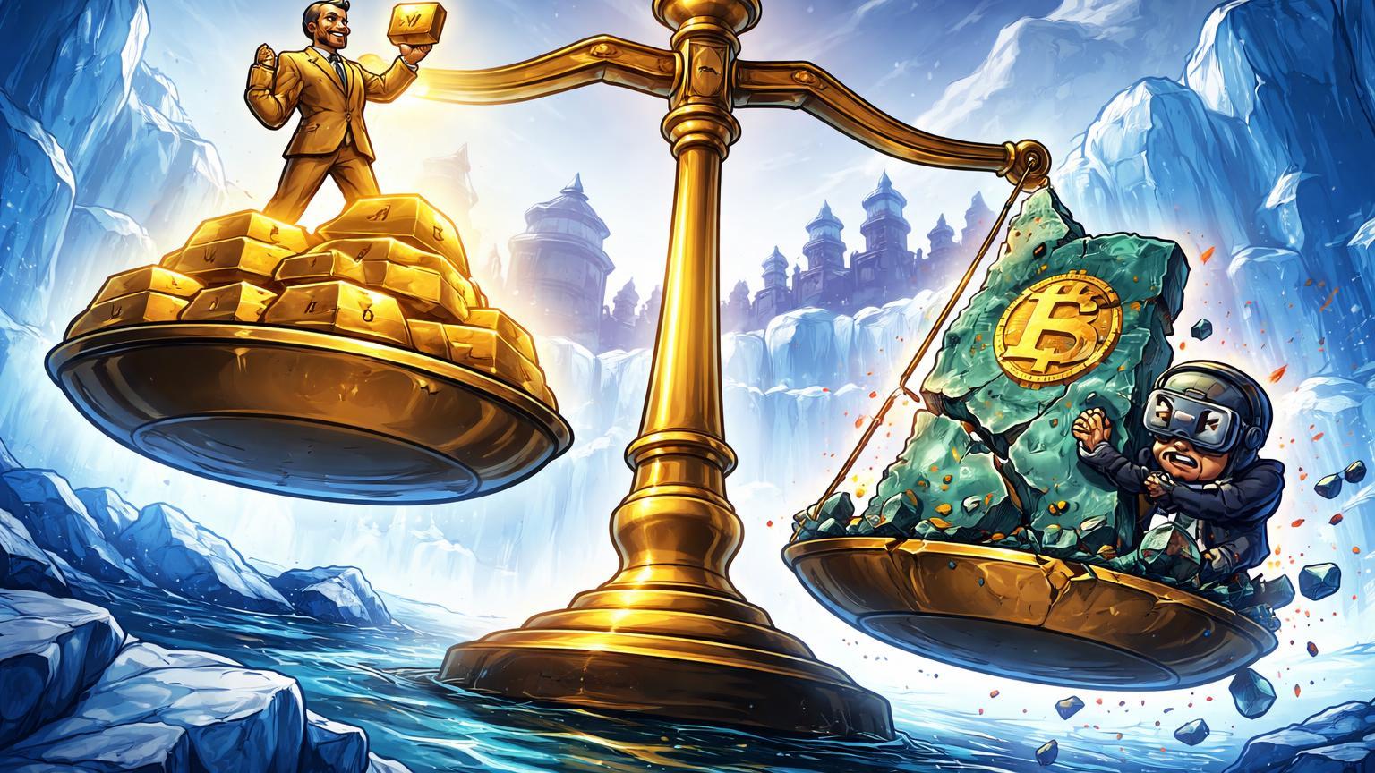 Balança cartoon com ouro elevado e Bitcoin fragmentado caindo em geleira, simbolizando efeito Groenlândia de Trump em ouro e BTC