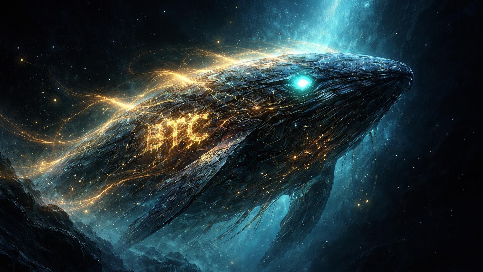Entidade colossal surreal como baleia digital despertando de abismo com olhos cyan e aura BTC dourada, simbolizando baleia da era Satoshi movendo US$ 84 milhões