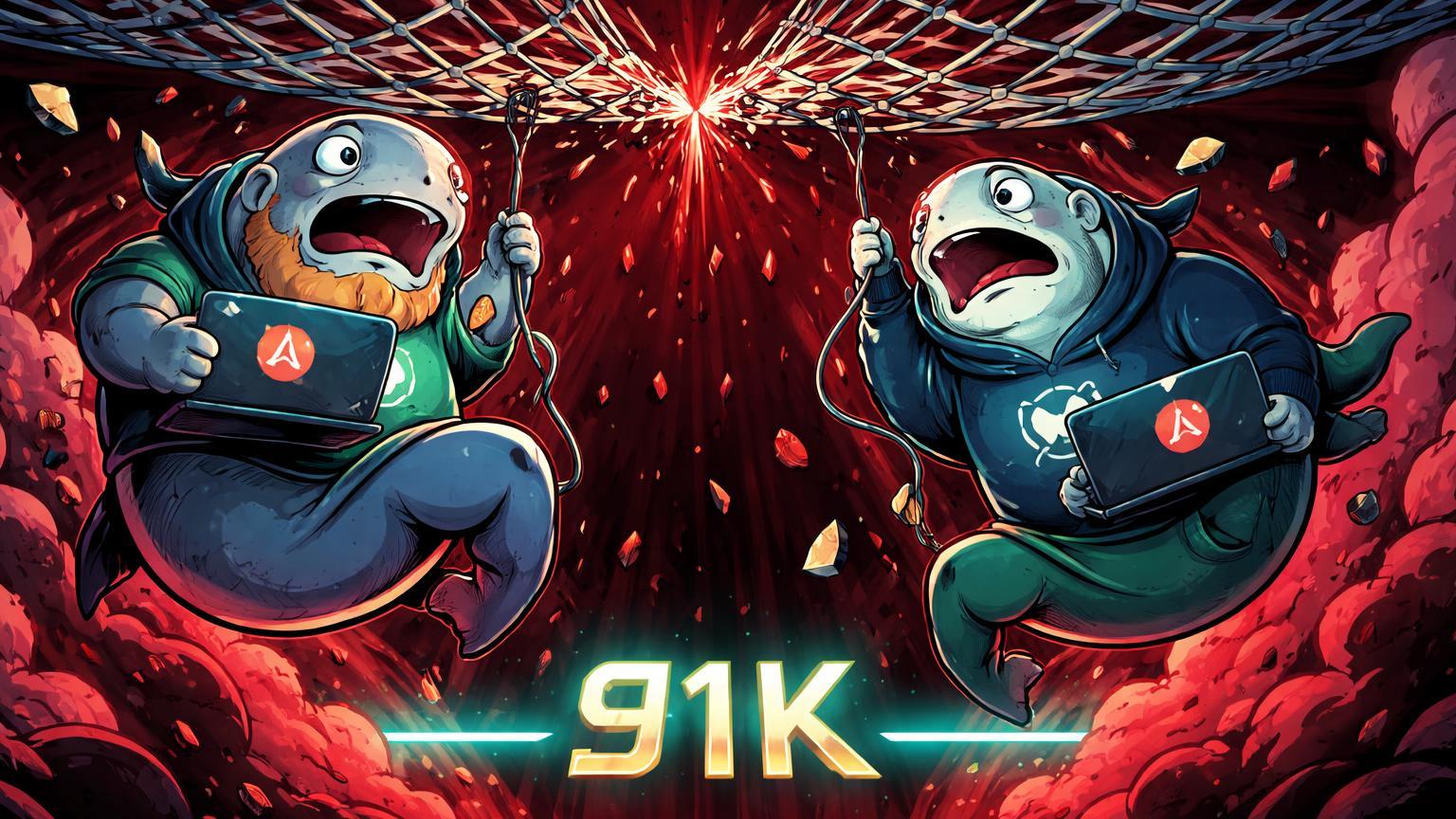 Baleias traders cartoon em rede de alavancagem rompendo sobre abismo com suporte 91K, ilustrando liquidações de US$ 800M em Bitcoin