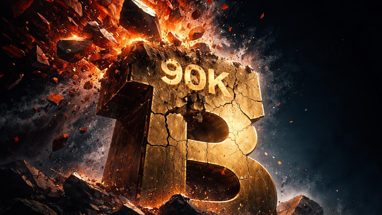 Avalanche de fragmentos vermelhos desabando sobre monolito Bitcoin rachado em 90K, simbolizando US$ 580 mi em liquidações por pânico macro