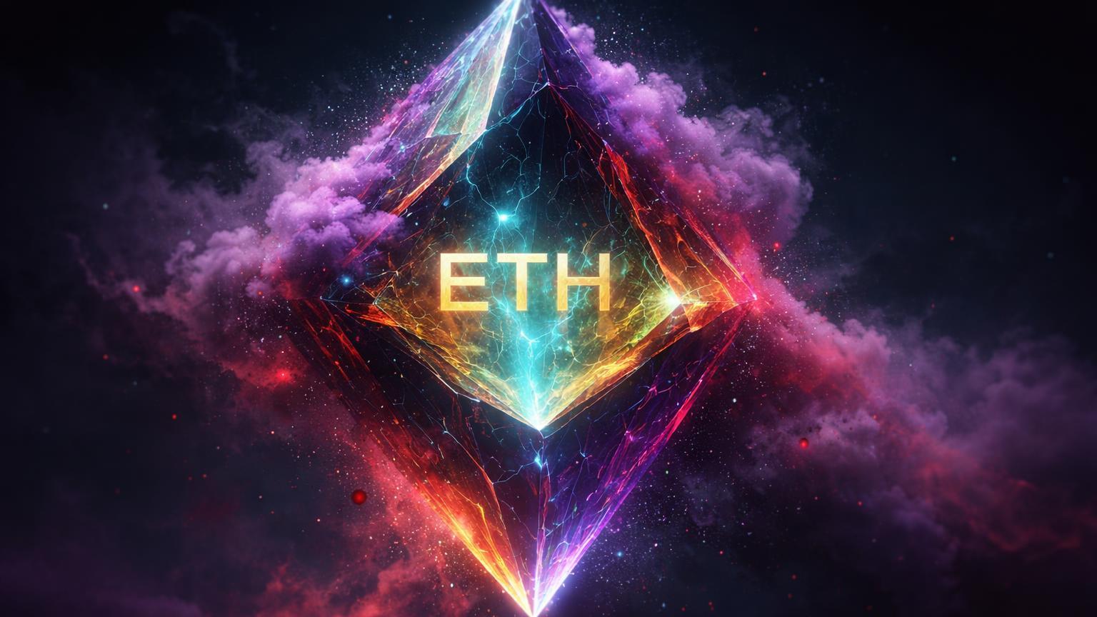 Prisma Ethereum cristalino envolto em poeira tóxica roxa e vermelha, simbolizando recorde de transações inflado por scams de address poisoning