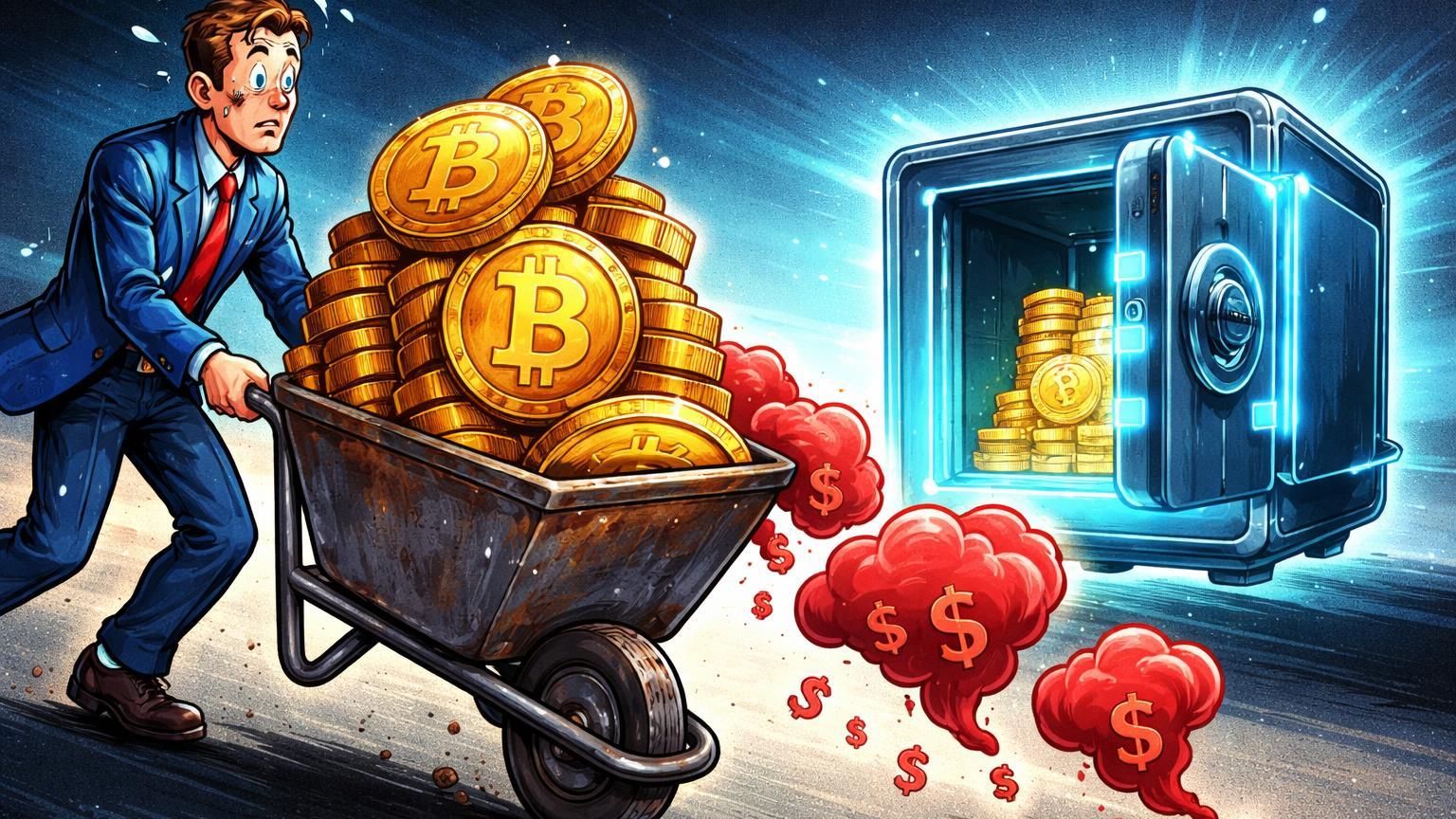 Executivo cartoon empurrando carrinho de moedas BTC instáveis para cofre cyan, com perdas vermelhas vazando, ilustrando riscos na transferência GameStop-Coinbase