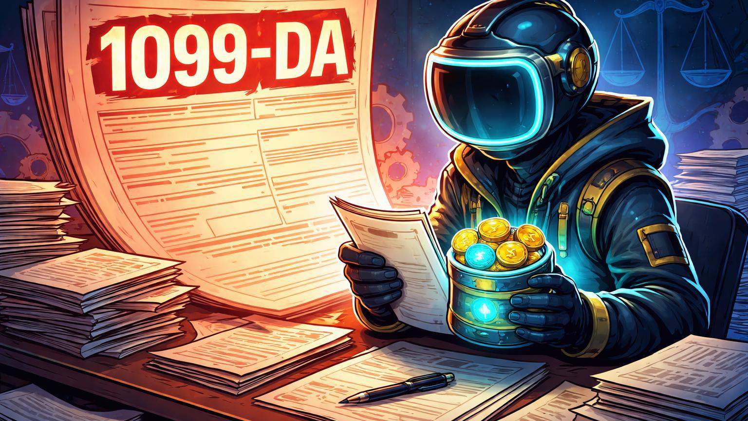 Personagem trader cartoon examinando formulário 1099-DA gigante com carteira cripto, representando novas regras fiscais do PayPal ao IRS em 2025