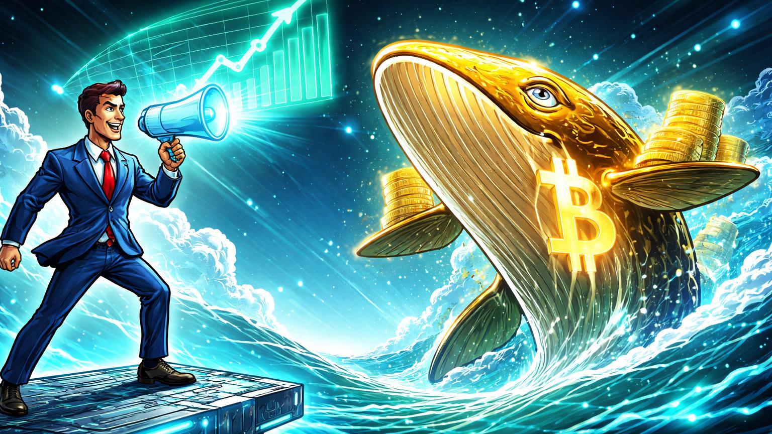 Líder cartoon visionário sinalizando megafone para baleia dourada de Bitcoin emergente com BTC glow, simbolizando acumulação institucional da MicroStrategy