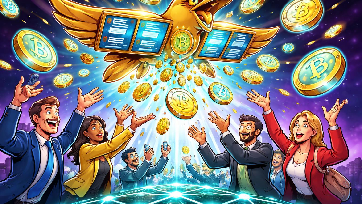 Acionistas cartoon capturando chuva de tokens de plataforma social gigante sobre rede blockchain, simbolizando airdrop Trump Media via Cronos