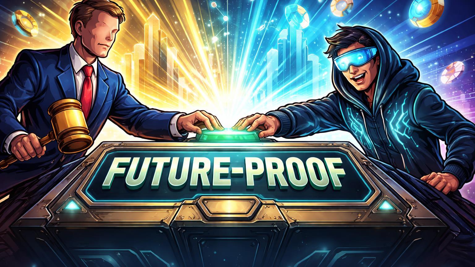 Personagens cartoon de regulador e inovador ativando painel Future-Proof, liberando luz sobre horizonte cripto, simbolizando nova era regulatória pró-inovação nos EUA