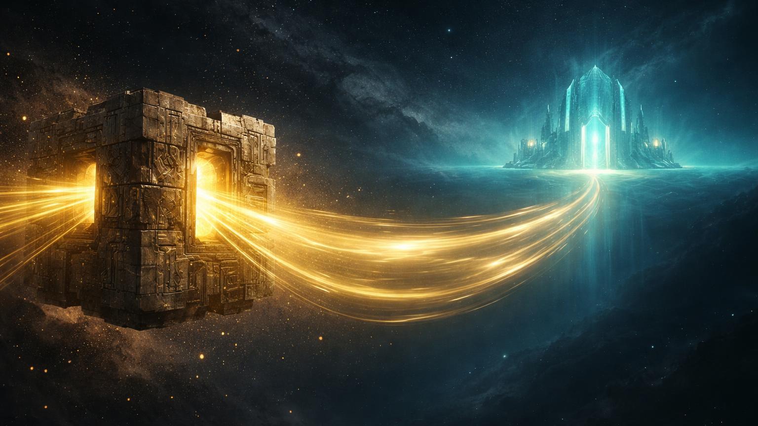 Relíquia digital da era Satoshi liberando feixes dourados para fortaleza segura, simbolizando transferência de BTC para custódia sem pressão de venda