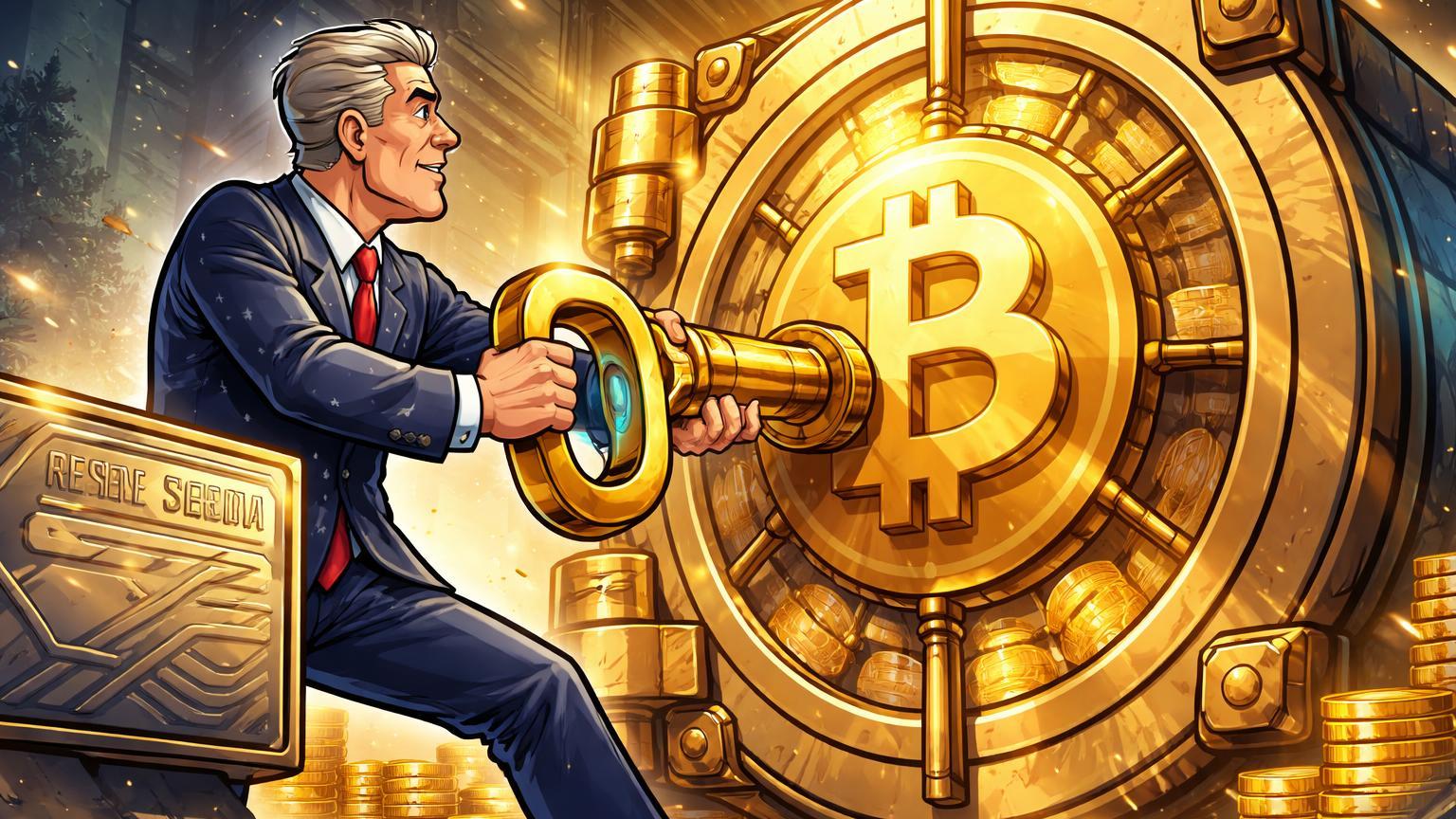 Personagem cartoon do Tesouro dos EUA trancando cofre repleto de Bitcoin para Reserva Estratégica, simbolizando fim das vendas governamentais