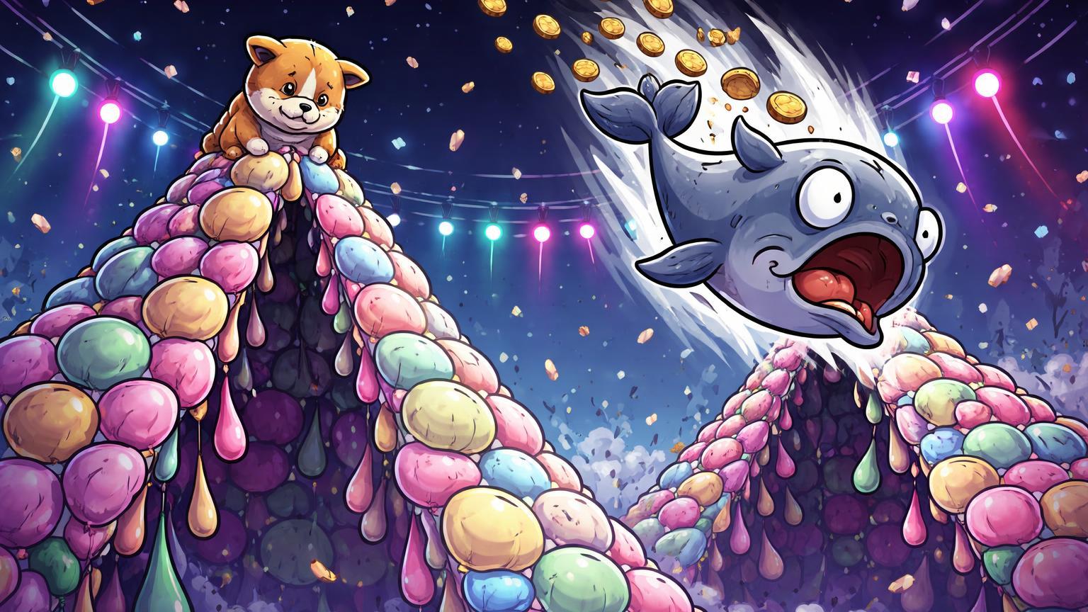 Baleia cartoon despencando de pirâmides duplas de balões memecoins murchando, com shiba inu abatido, sinalizando fim da euforia em DOGE e FARTCOIN