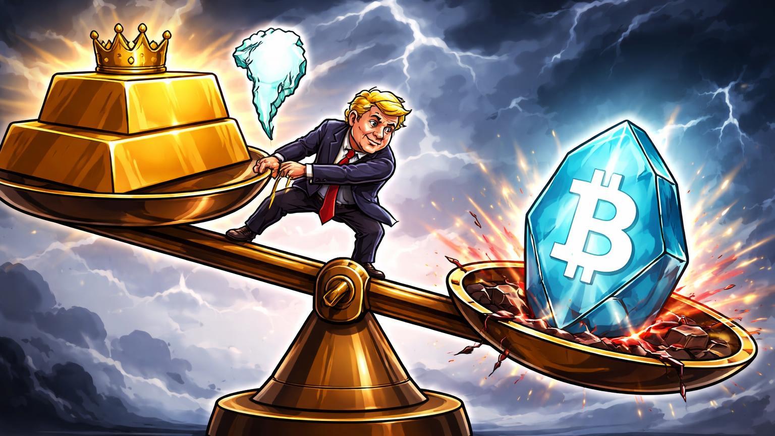 Balança cartoon desequilibrada com ouro coroado elevado esmagando cristal Bitcoin rachado, simbolizando domínio do ouro sobre cripto em risk-off geopolítico